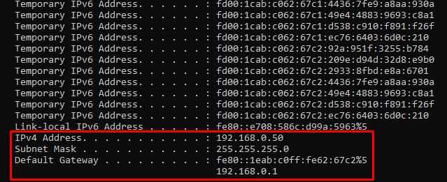 a picture of a terminal showing the part of the output of the ipconfig command that we care about